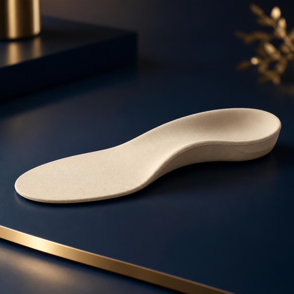 A premium shoe insert on a navy surface