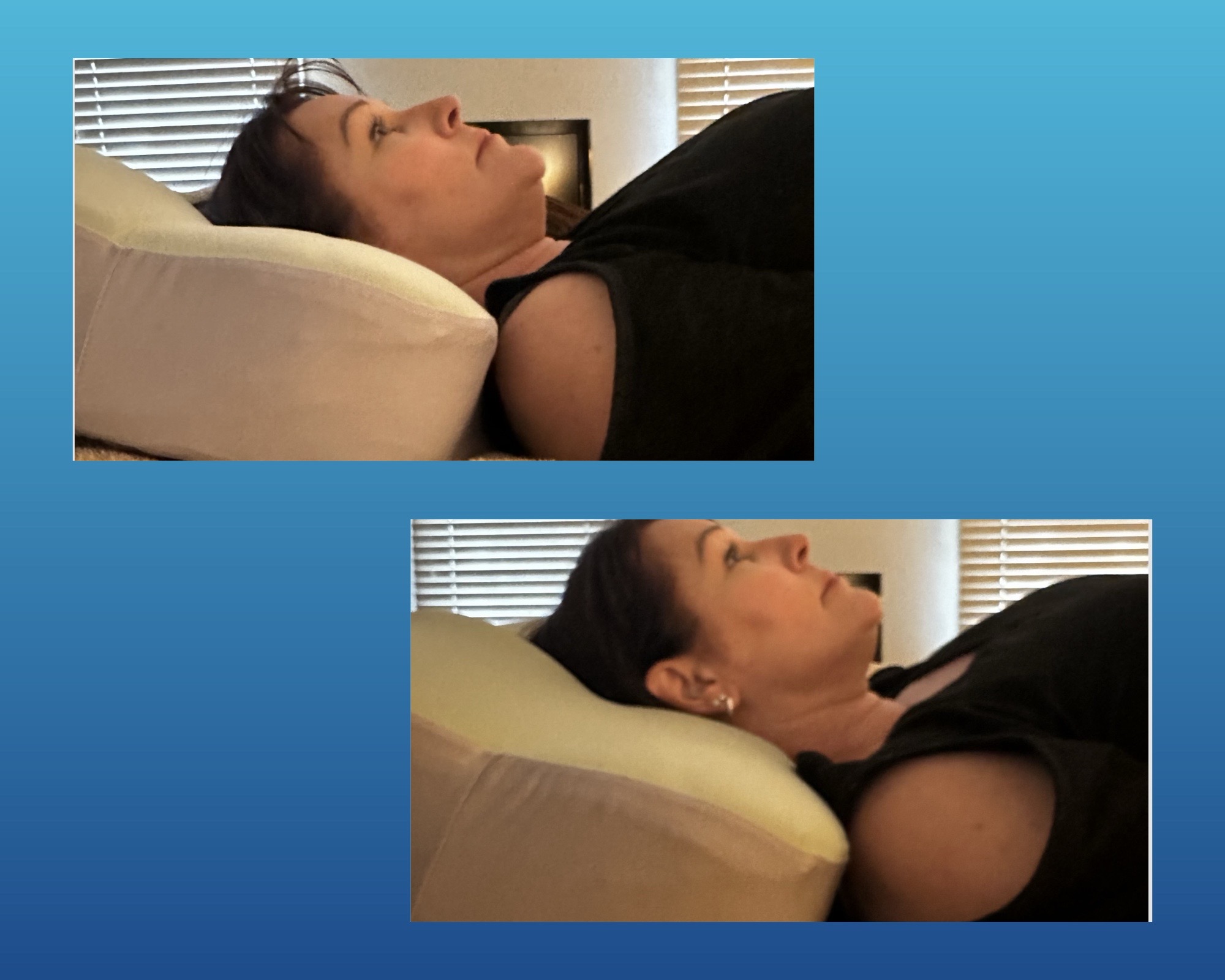 Before and after: a flat pillow letting the head drop, versus the same pillow lifted and supported by Crown Lift®