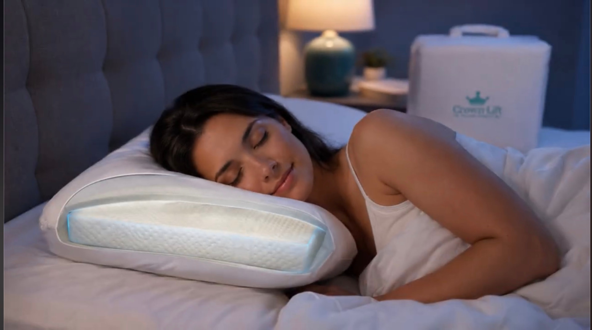 A woman asleep on her side on a Crown Lift supported pillow in a dim bedroom.