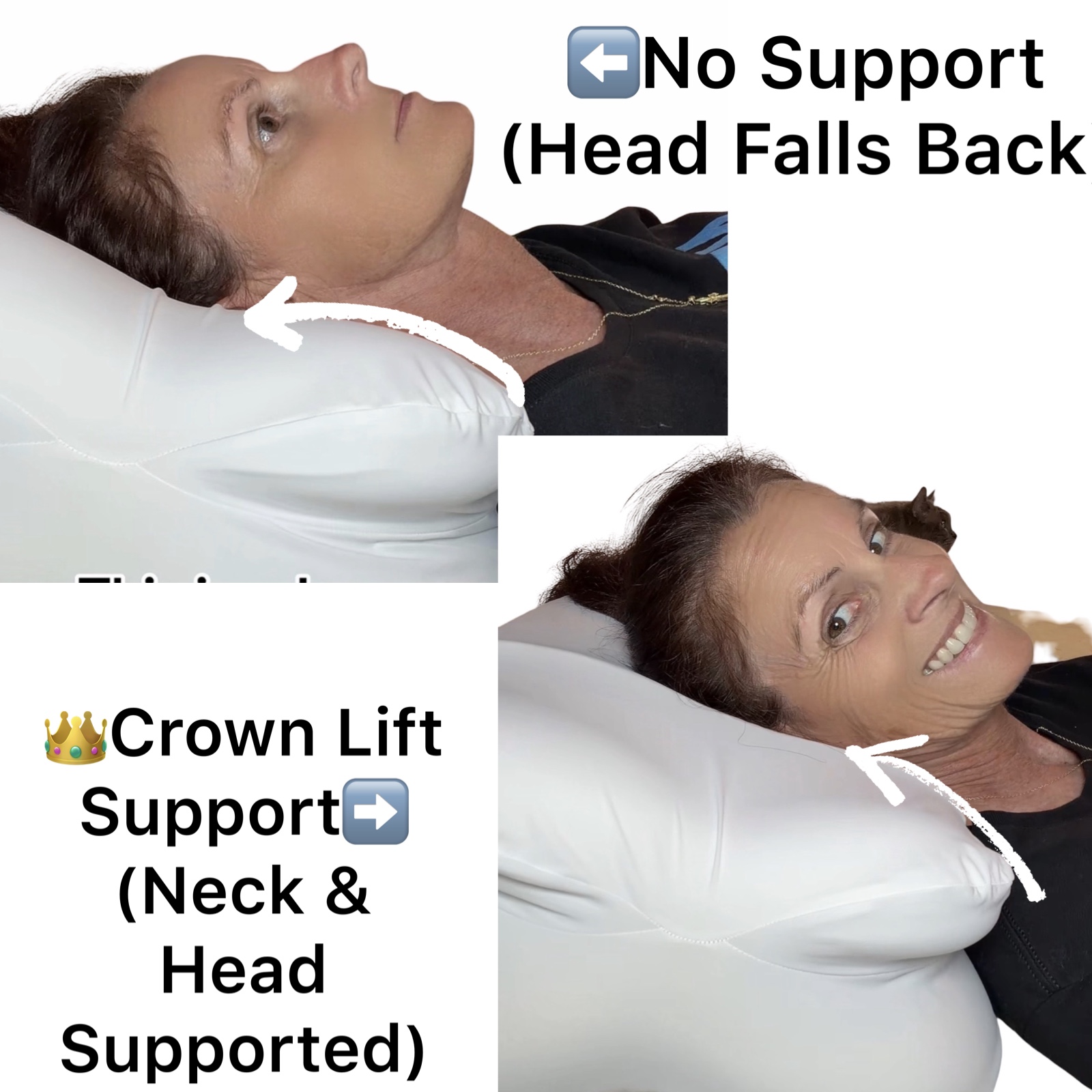 Side-by-side comparison: saggy pillow without support versus CrownLift Insert lifting the neck