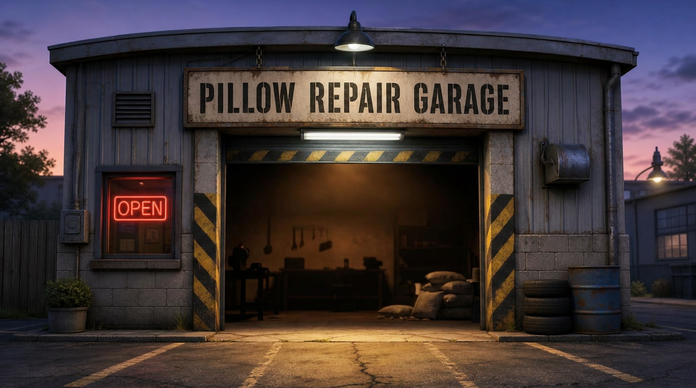 The Pillow Repair Garage with its bay door rolled open