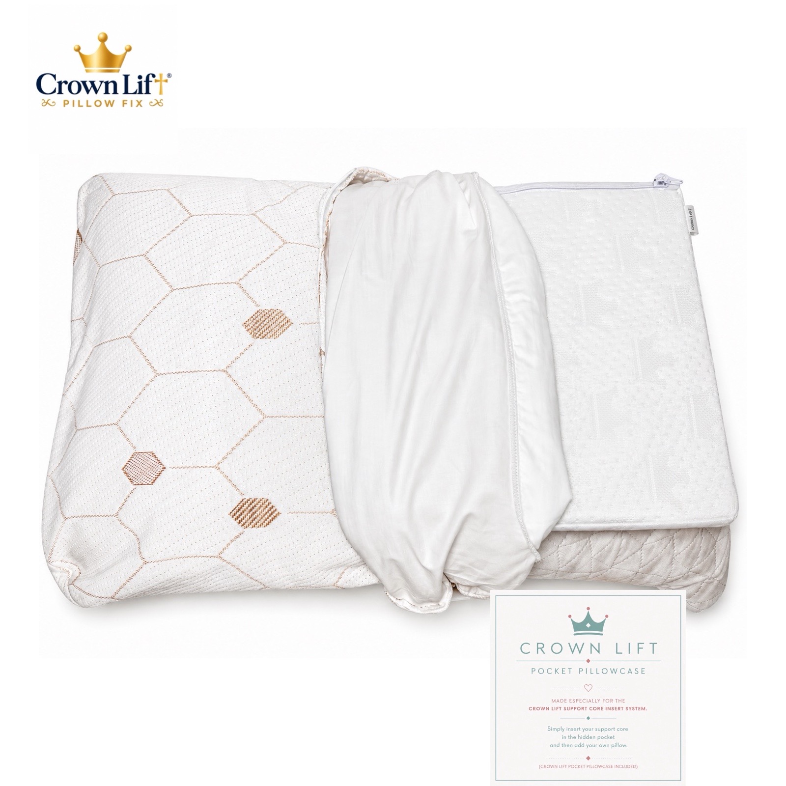 The copper-infused Crown Lift pocket pillowcase opened to show the hidden pocket and support core.