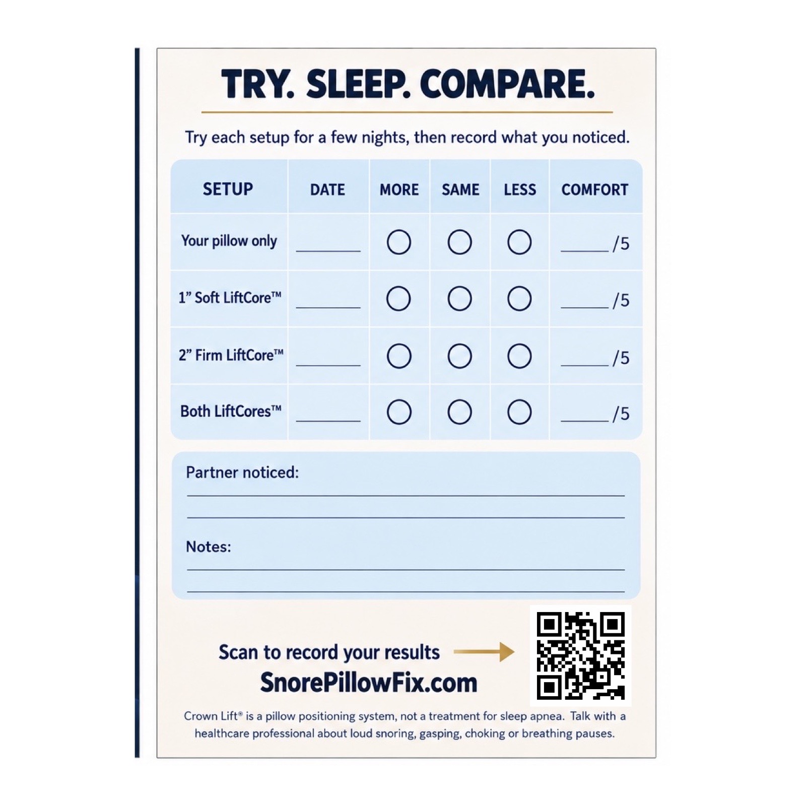 Try Sleep Compare tracker with four pillow setups, partner observations, and comfort ratings