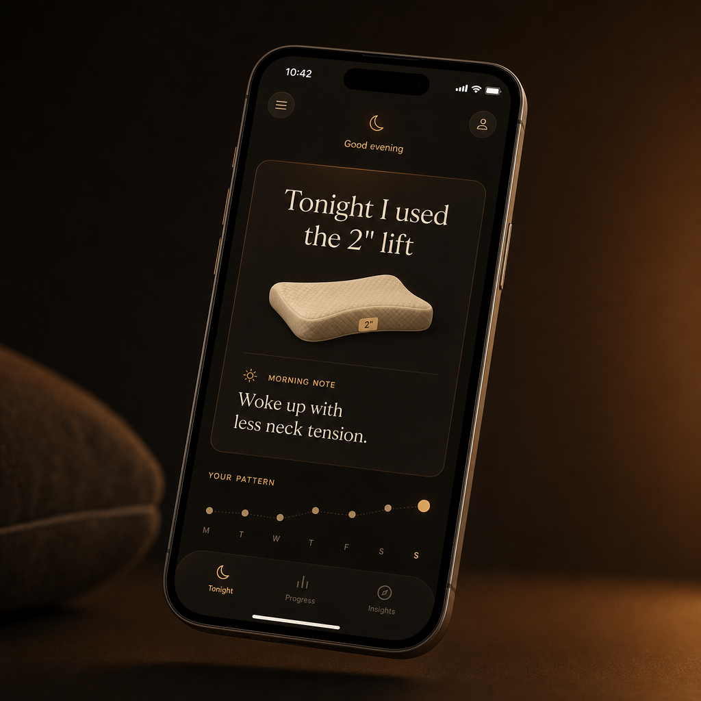 The Clue-Less House app showing a sleep tracking card: 'Tonight I used the 2 inch lift' with a morning note and weekly pattern chart