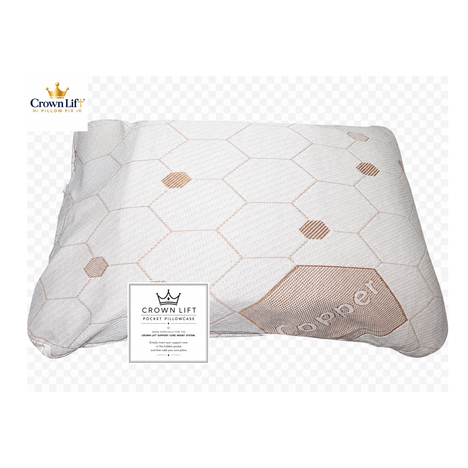 The copper-infused Crown Lift pocket pillowcase shown as a finished pillow.