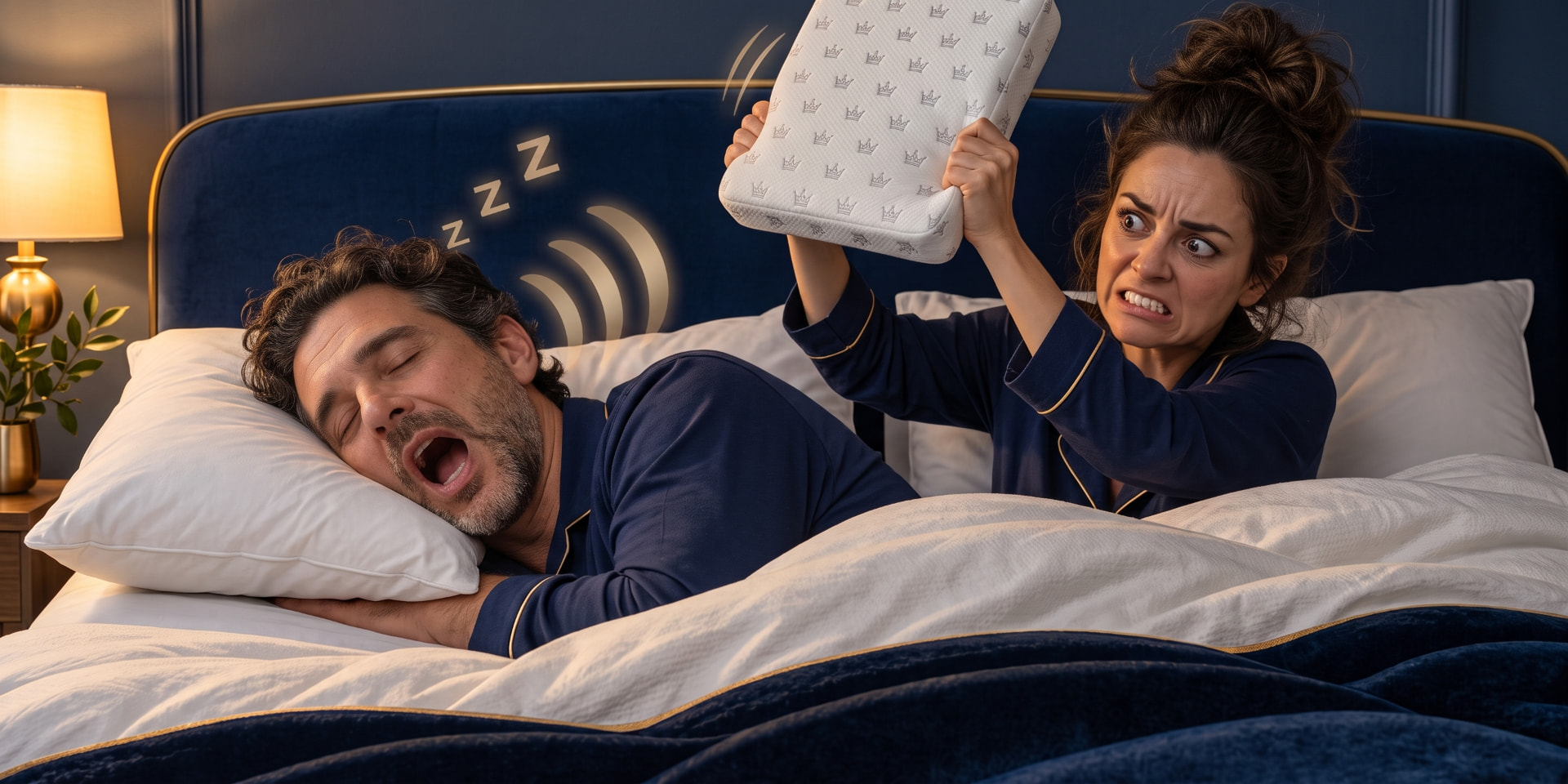 A frustrated partner holding a pillow over a snoring sleeper in bed