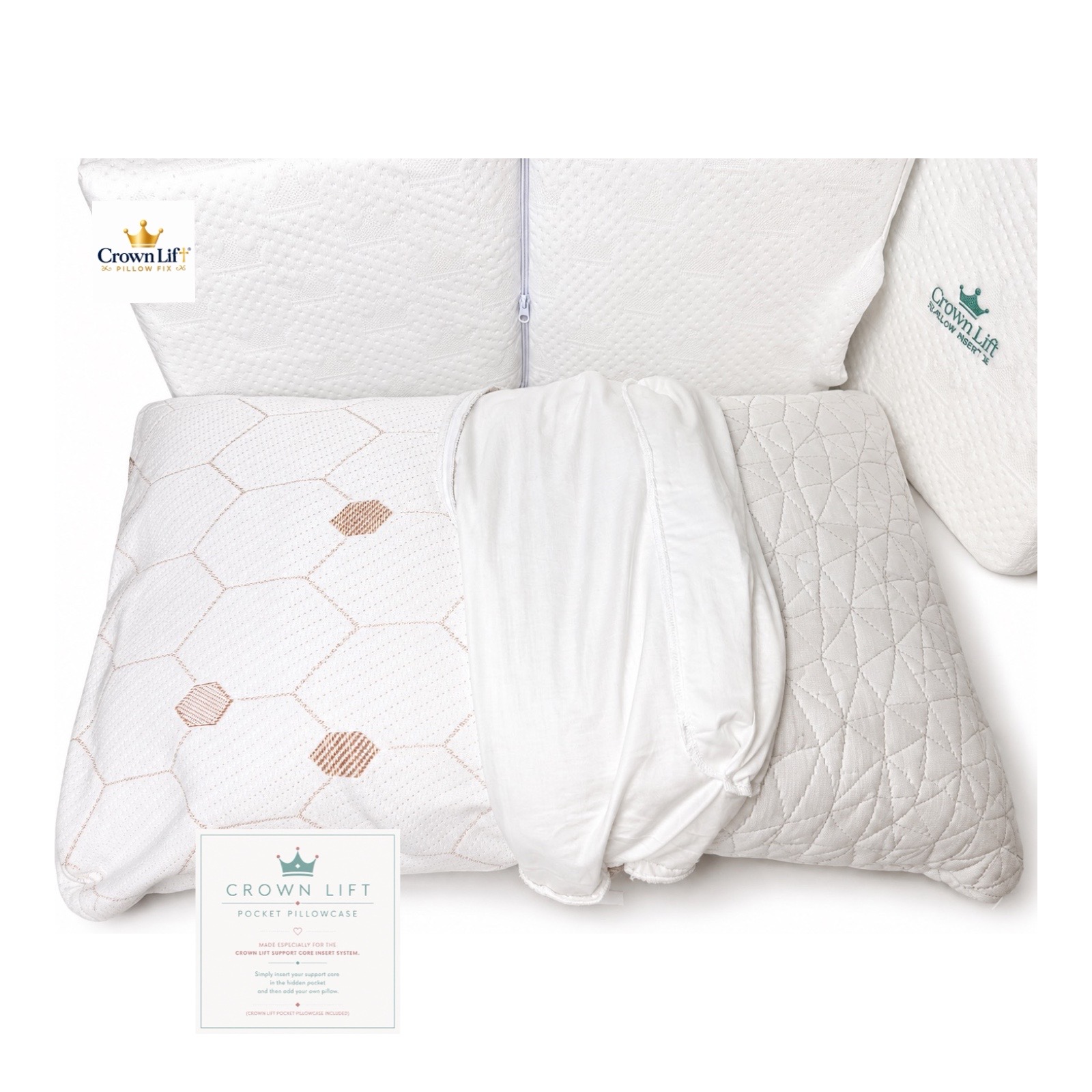 The full Crown Lift Pillow Fix system laid out, showing the inserts and the pocket pillowcase together.