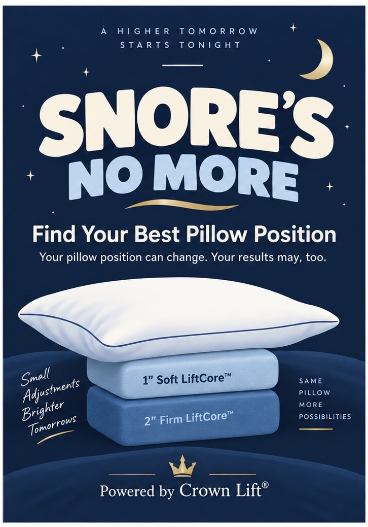 Snore’s No More printed campaign card introducing the pillow-position comparison