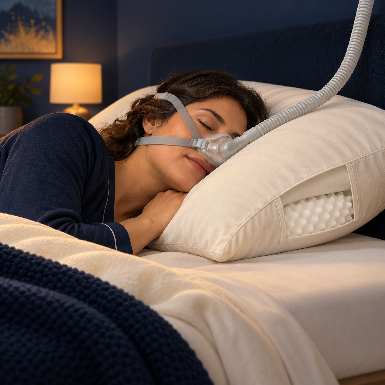 Crown Lift® support insert visible in the fitted pocket pillowcase beneath a cream pillow, with a CPAP mask and hose