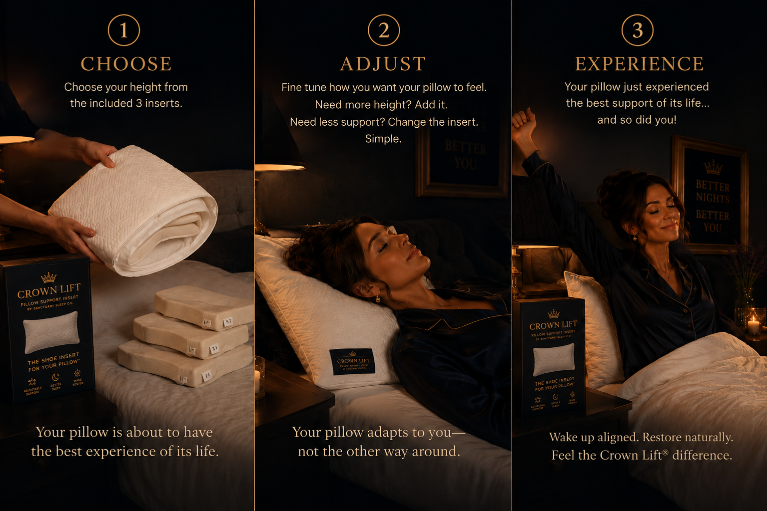 Three-step visual: open the pocket pillowcase, insert the Crown Lift® support core, then enjoy a supported night's sleep
