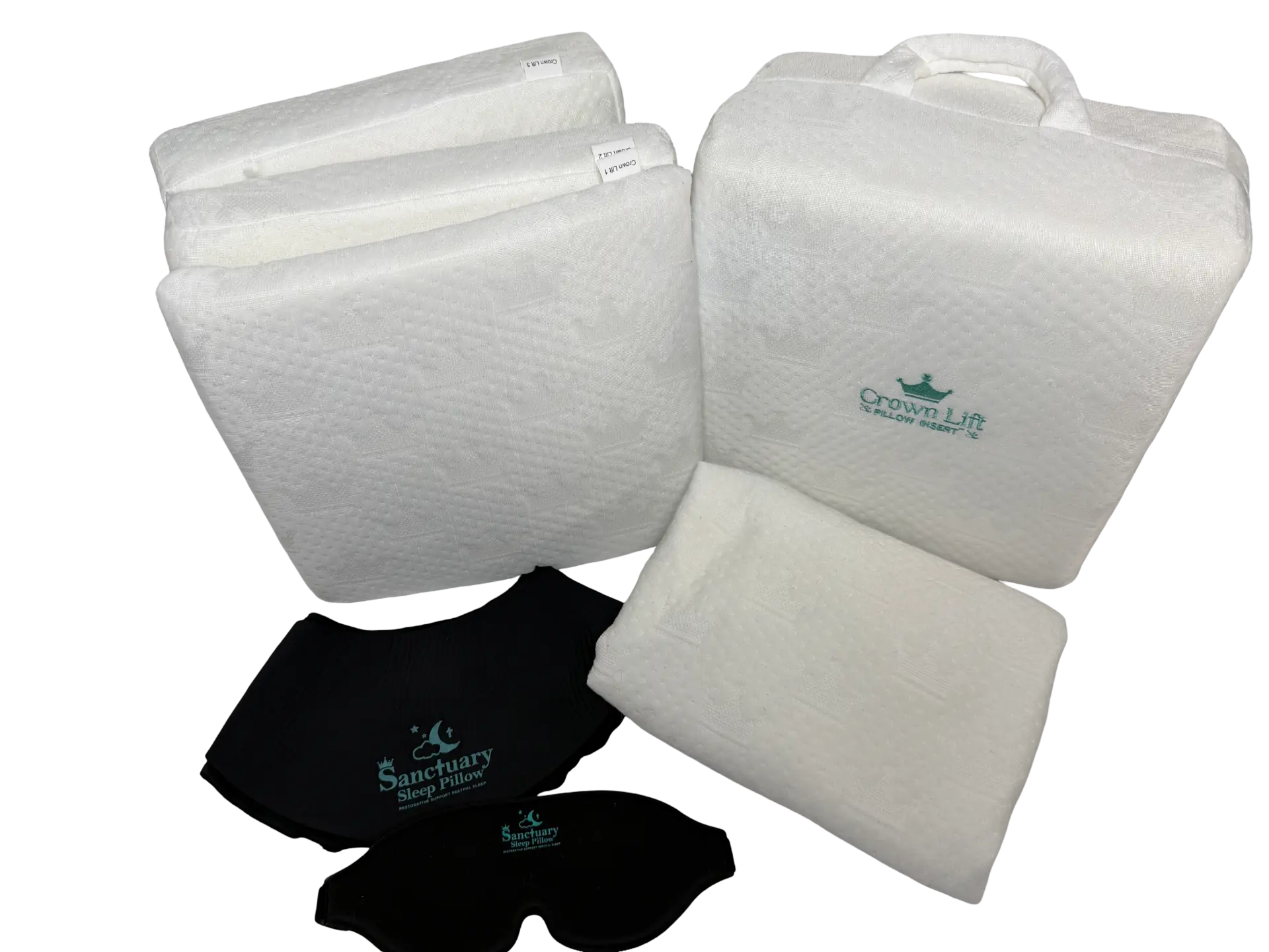 The full Crown Lift kit: 1", 2", and 3" support cores, carry case, pocket pillowcase, and sleep mask