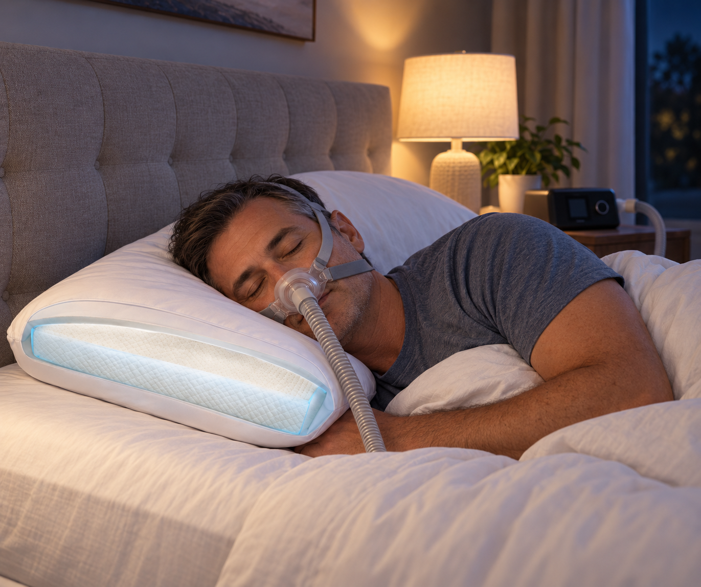 Man wearing a CPAP mask sleeping on a pillow held at a steady height by Crown Lift® support
