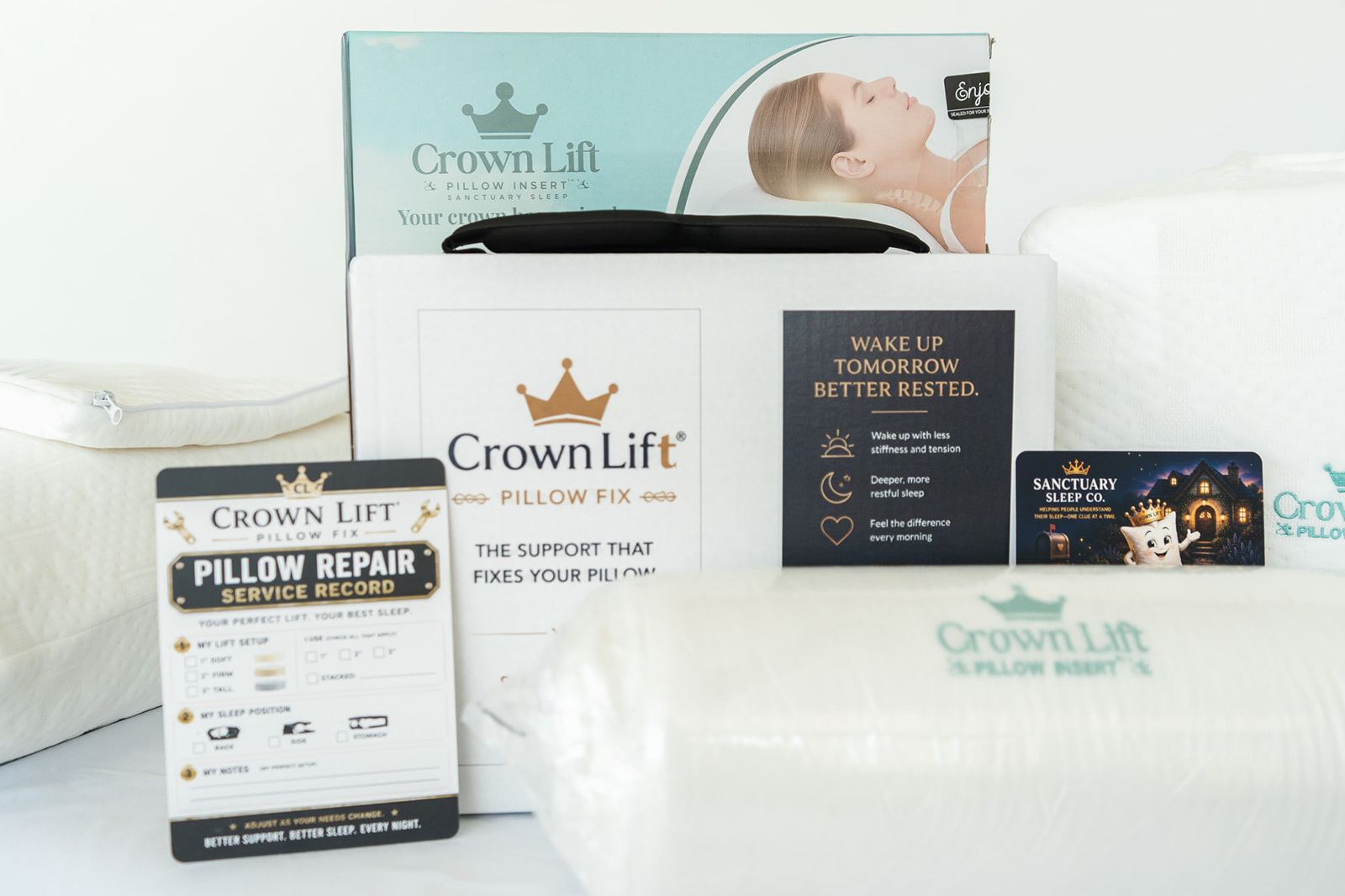 Crown Lift® System: three support inserts in a storage and travel case with pocket pillowcase