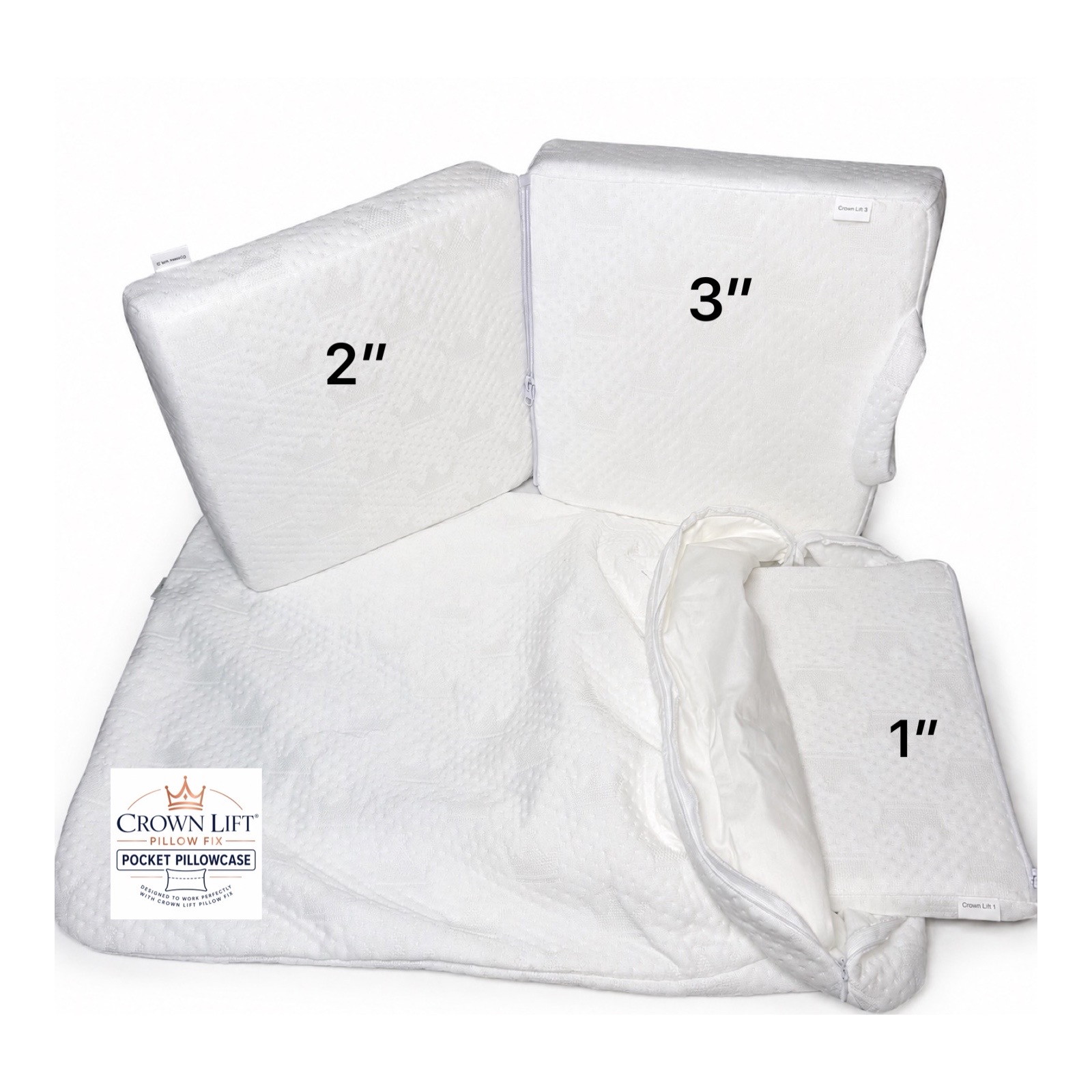 The three Crown Lift support cores labelled 1 inch, 2 inch and 3 inch, shown with the pocket pillowcase.
