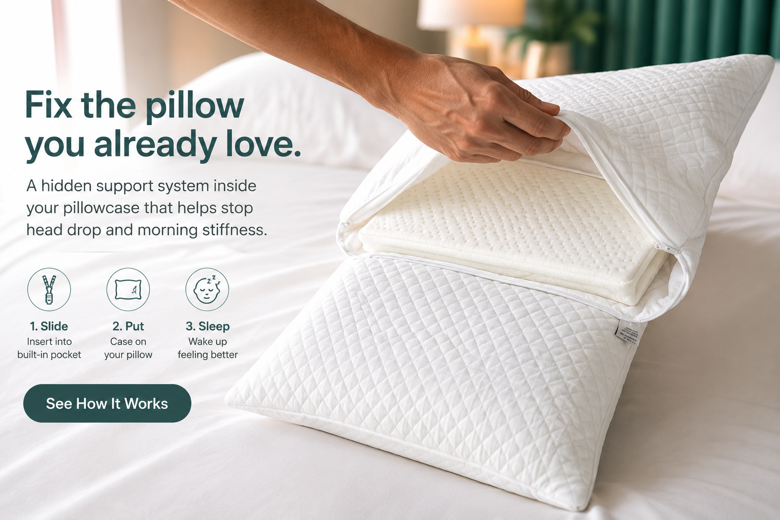 CrownLift Insert support insert sliding into the pillow you already love — like a shoe insert for your pillow