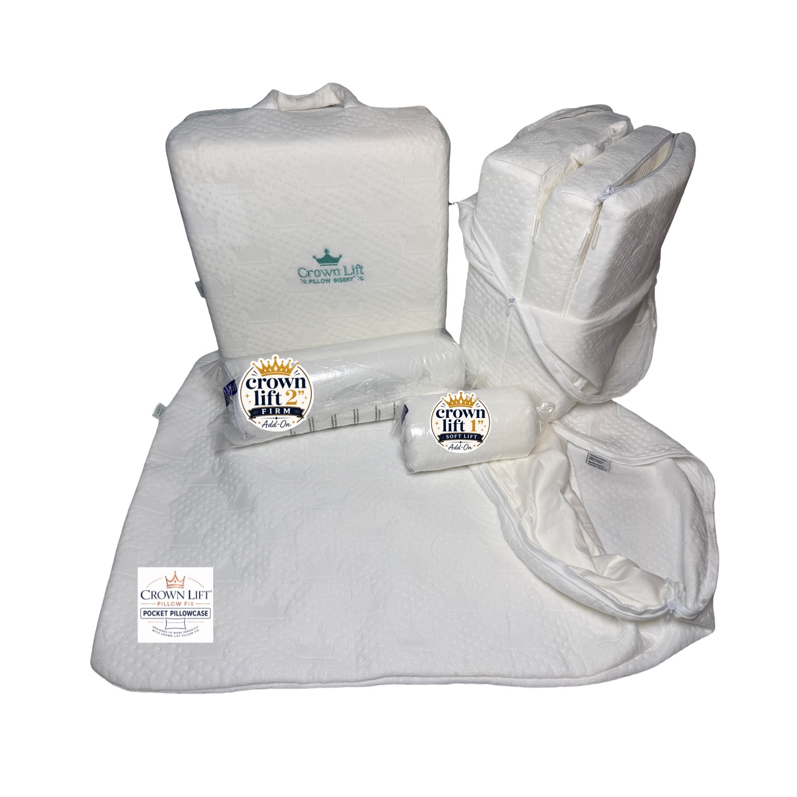The complete Crown Lift kit: support cores, soft and firm lift add-ons, and the pocket pillowcase.
