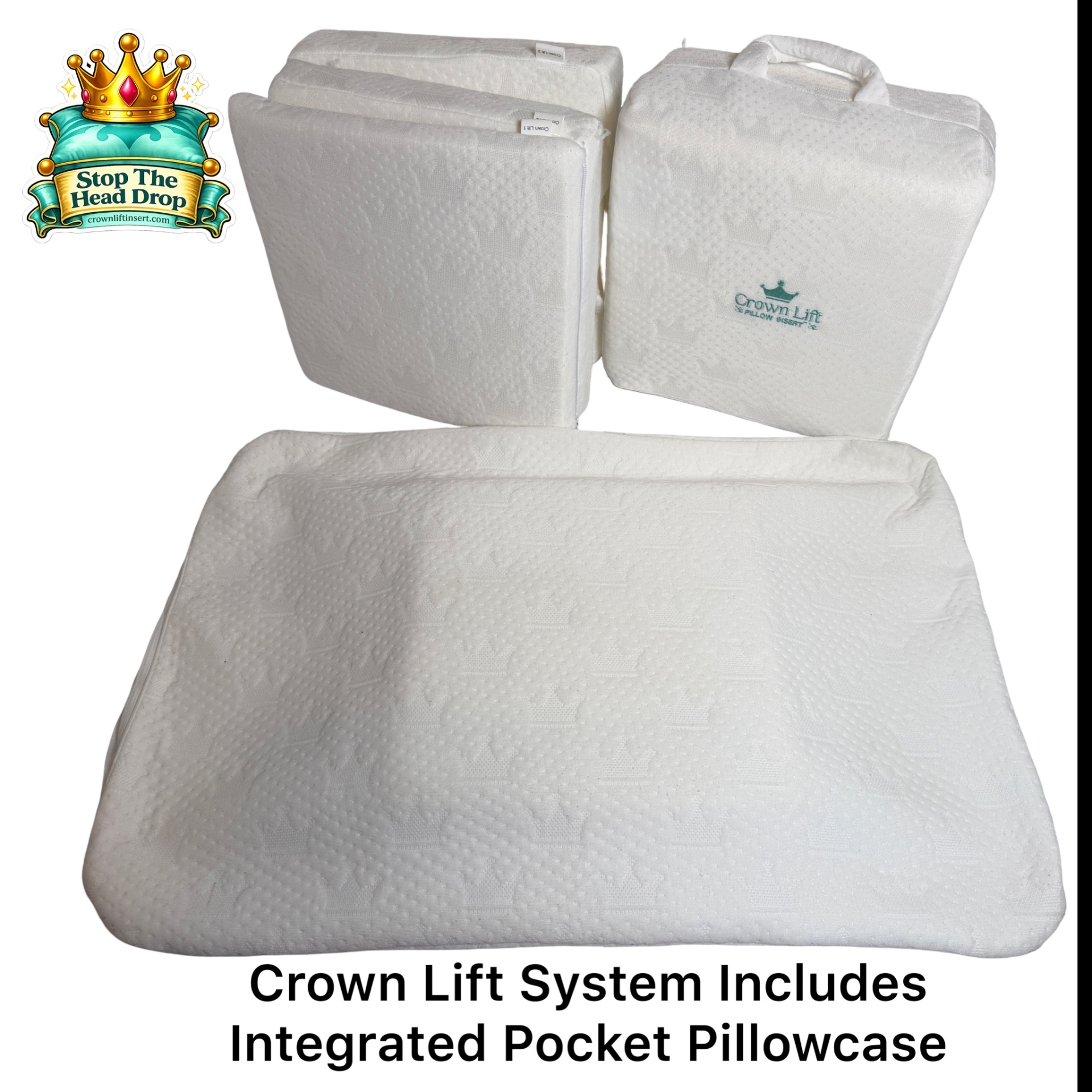 CrownLift Insert system: integrated pocket pillowcase and stackable inserts