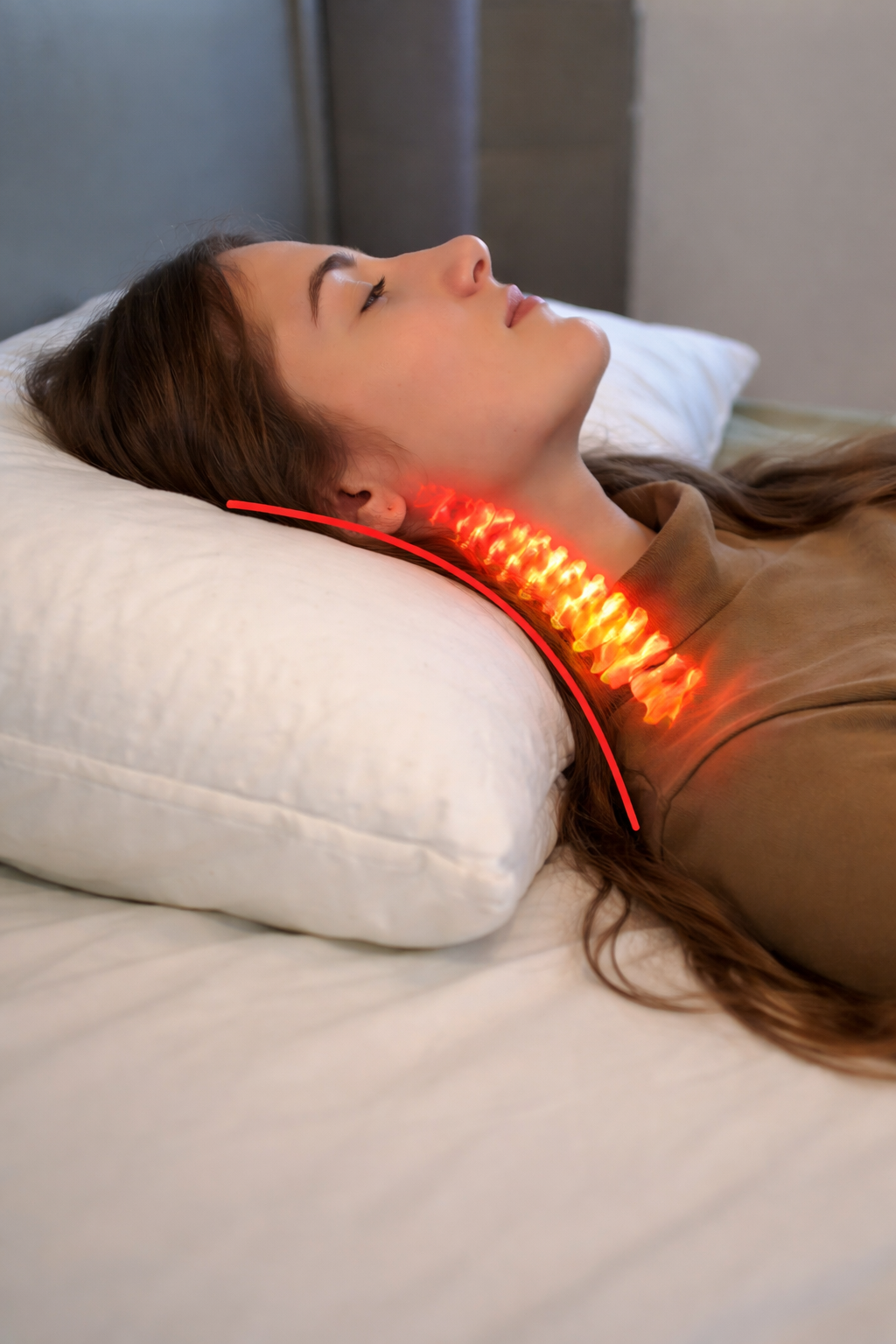 Neck alignment shown on a pillow supported by CrownLift Insert®