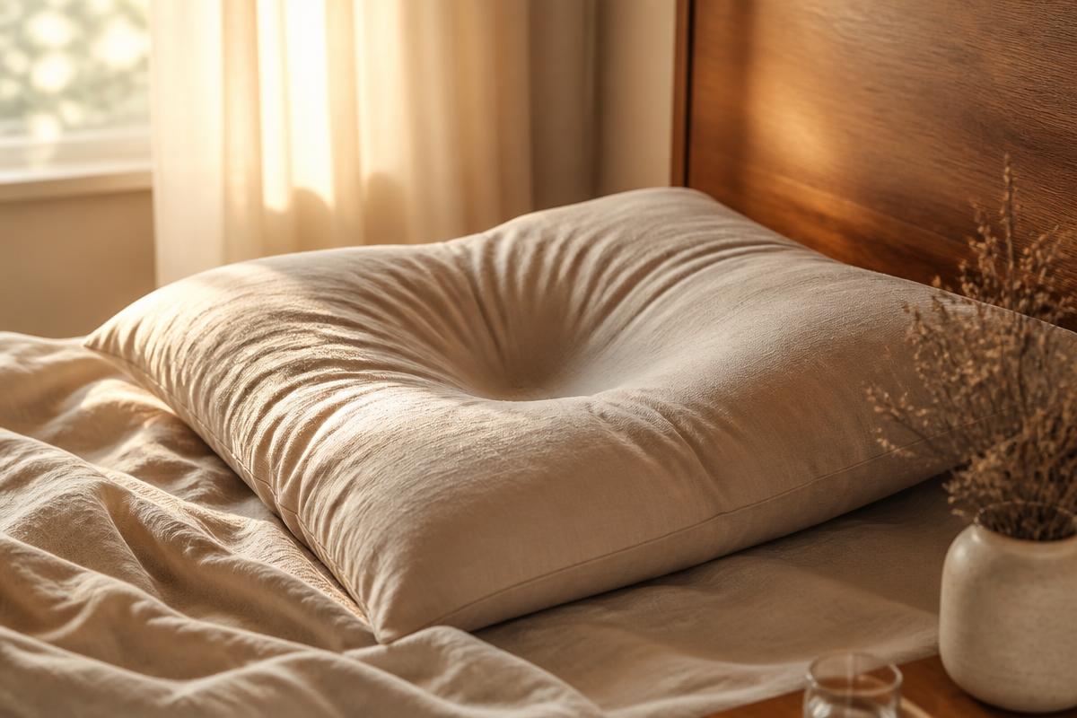 A pillow with a deep crater-shaped depression where a head has compressed it, showing how the pillow collapses and fails to support the neck